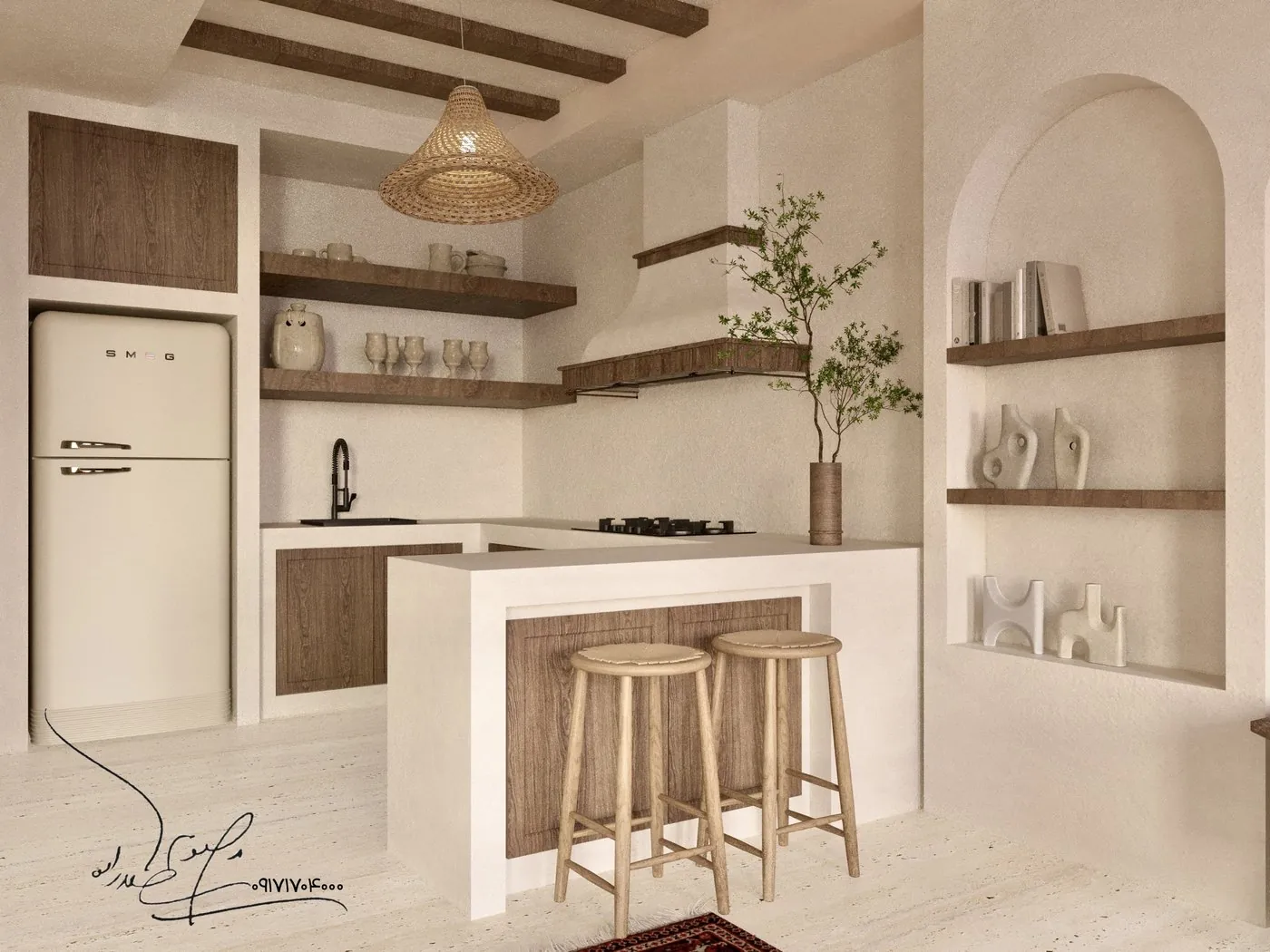 آشپزخانه با کابینت چوبی و گچ - پروژه خانه سنتی جنوب